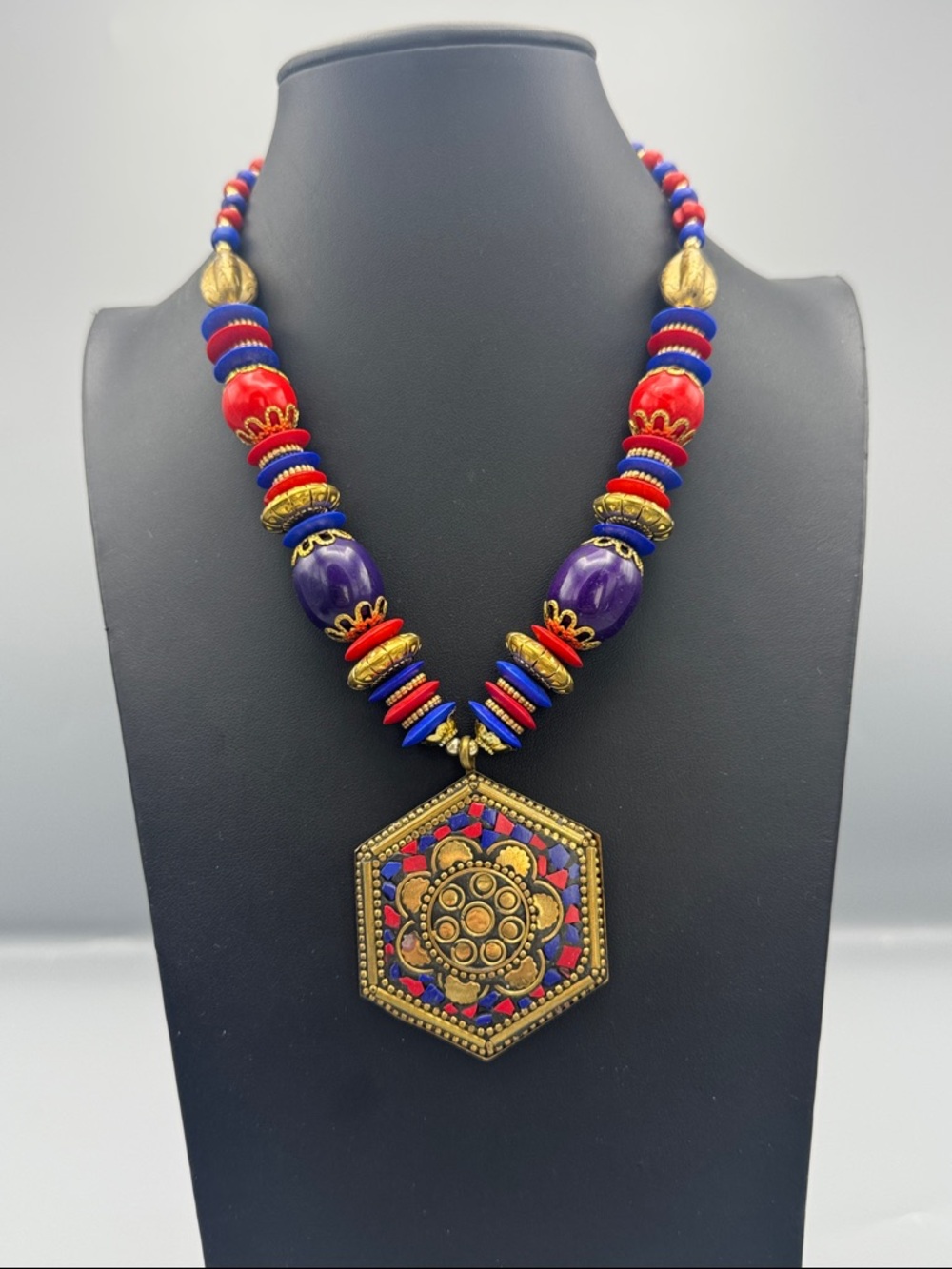 Boho Statement Necklace with Red, Blue & Purple Beads and Gold Pendant